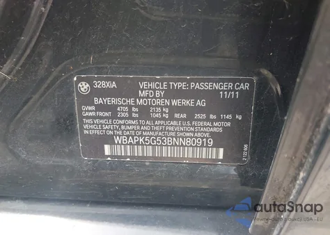 2011 BMW 328I xDrive from USA, damaged, VIN WBAPK5G53BNN80919